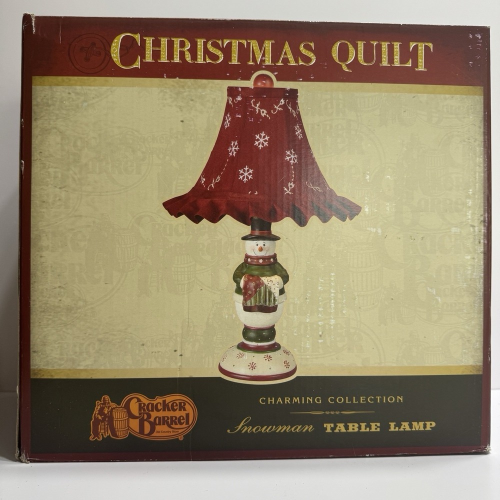 Snowman Table Lamp Holiday Cracker Barrel Snowman Christmas Quilt Red Shade  15"